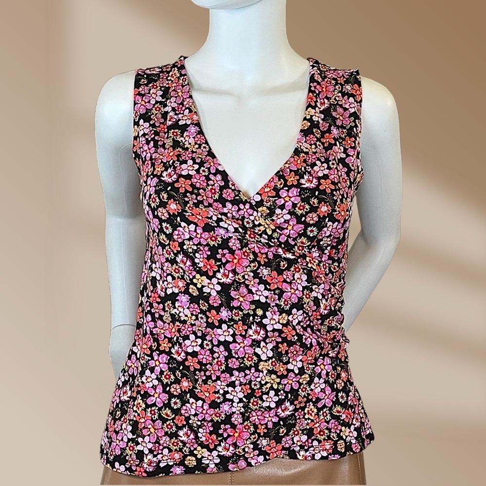 Women's By Design Pink& Black Floral V-Neck Sleeveless Top Size Medium NWT!